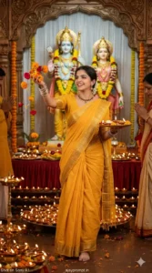 Jai Shri Ram rally image with Lord Ram, bhakti festival crowd holding saffron flag, Gemini AI generated image prompt