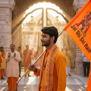 Jai Shri Ram rally image with Lord Ram, bhakti festival crowd holding saffron flag, Gemini AI generated image prompt