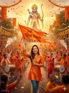 Jai Shri Ram rally image with Lord Ram, bhakti festival crowd holding saffron flag, Gemini AI generated image prompt