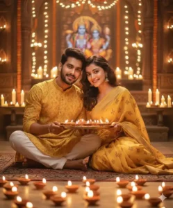 Jai Shri Ram rally image with Lord Ram, bhakti festival crowd holding saffron flag, Gemini AI generated image prompt